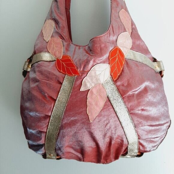 LOOP Boho Crossbody Hobo Leaf Applique Purse Shoulder Bag Mauve - Picture 2 of 15